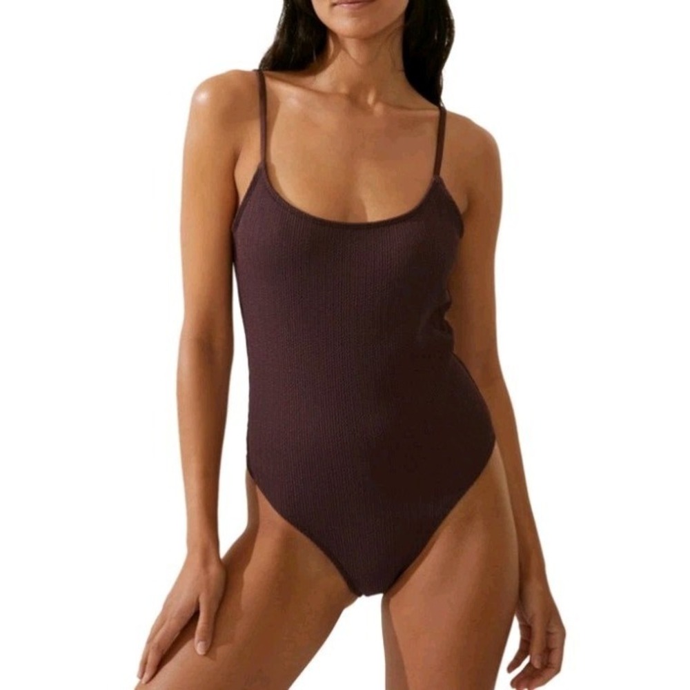 Cotton On Thin Strap Low Scoop Neck One Piece Cheeky Swimsuit Textured Brown M